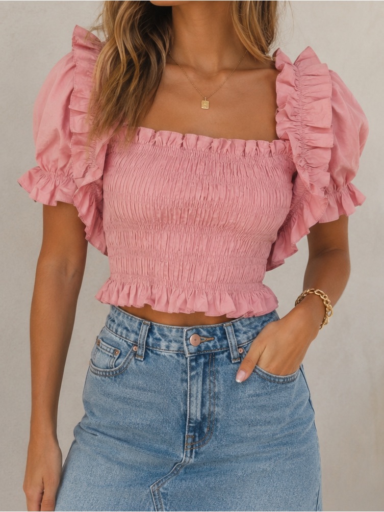 Muy Muy Pink Smocked Puff Sleeve Crop Top Size Small